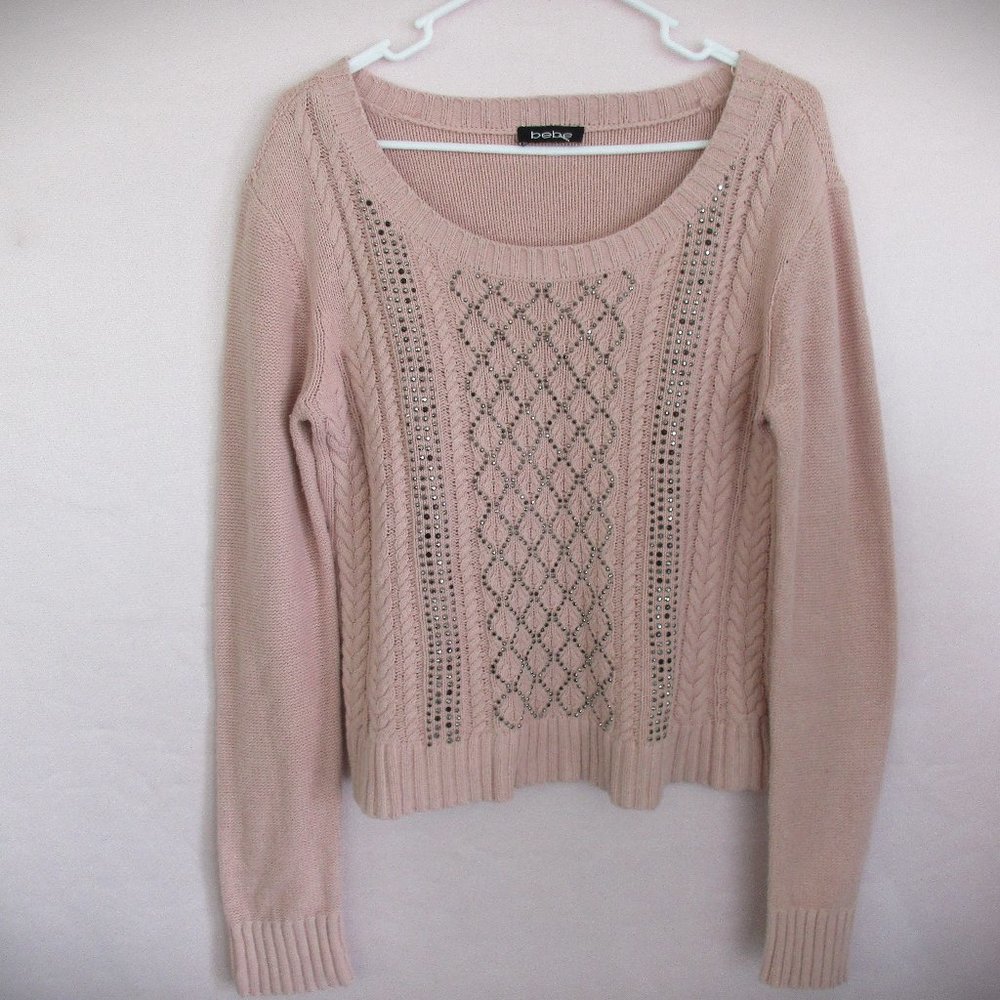 Size M/L BEBE Soft Pink Ribbed Silver Beaded Pullover Sweater Hardly Worn!